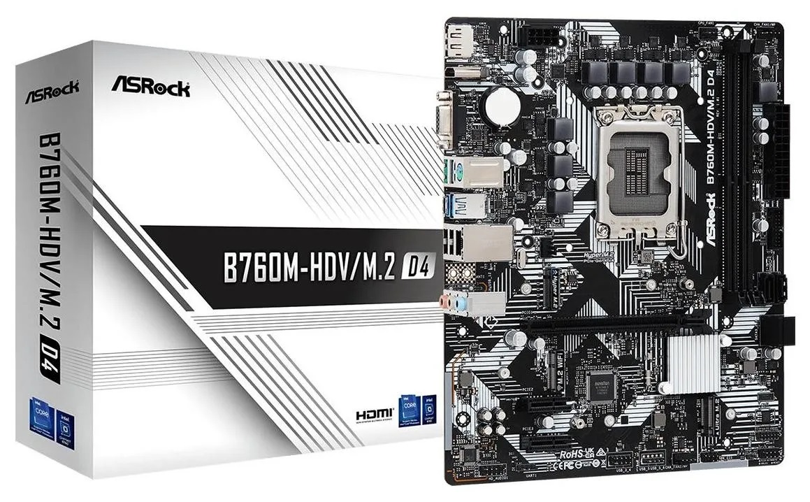 MAINBOARD SOCKET 1700 ASROCK B760M-HDV/M2, 2XDDR4, AUDIO 7.1, HDMI/DISPLAY PORT/VGA, GIGABIT 2.5, 2XM.2 E 4XSATA III, USB 3.2